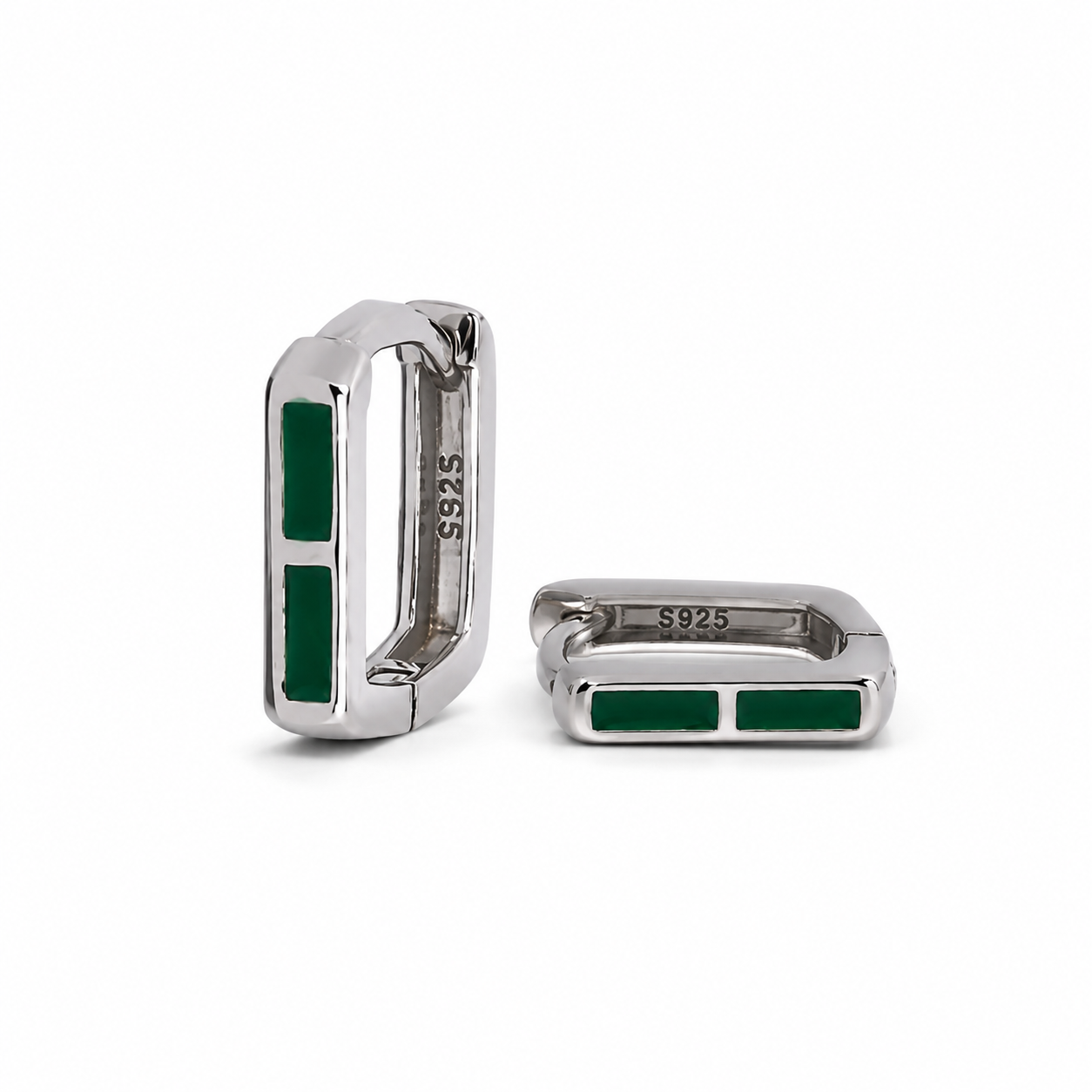 Silver Green Enamel Rectangular Huggie Earrings_01