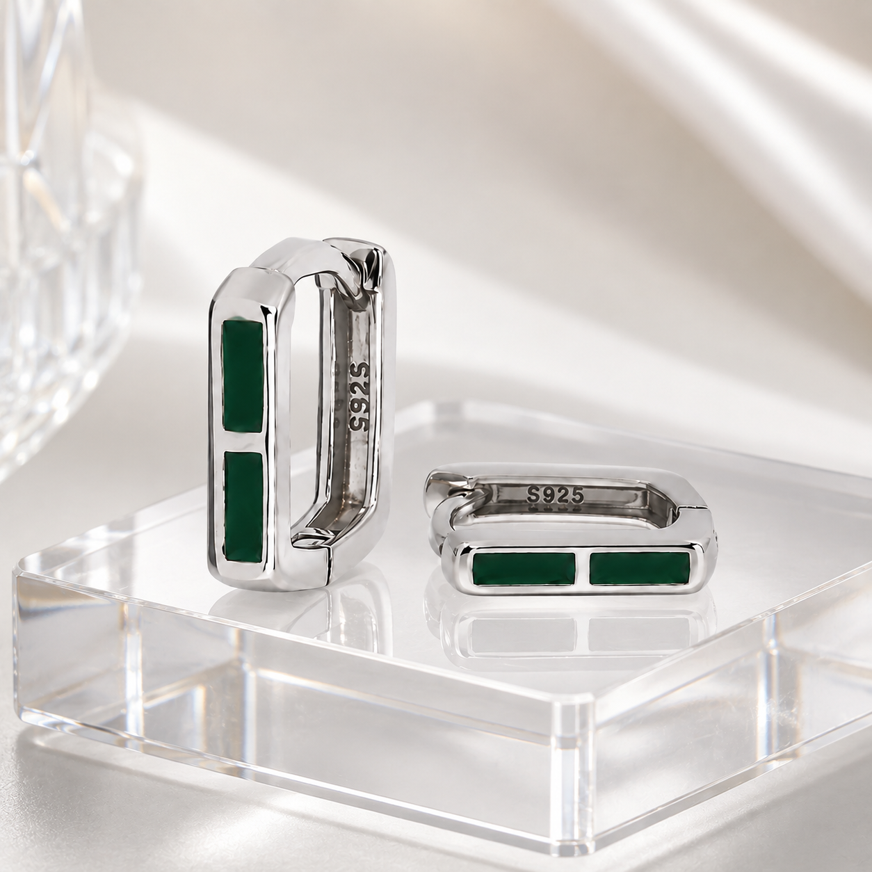 Silver Green Enamel Rectangular Huggie Earrings_02