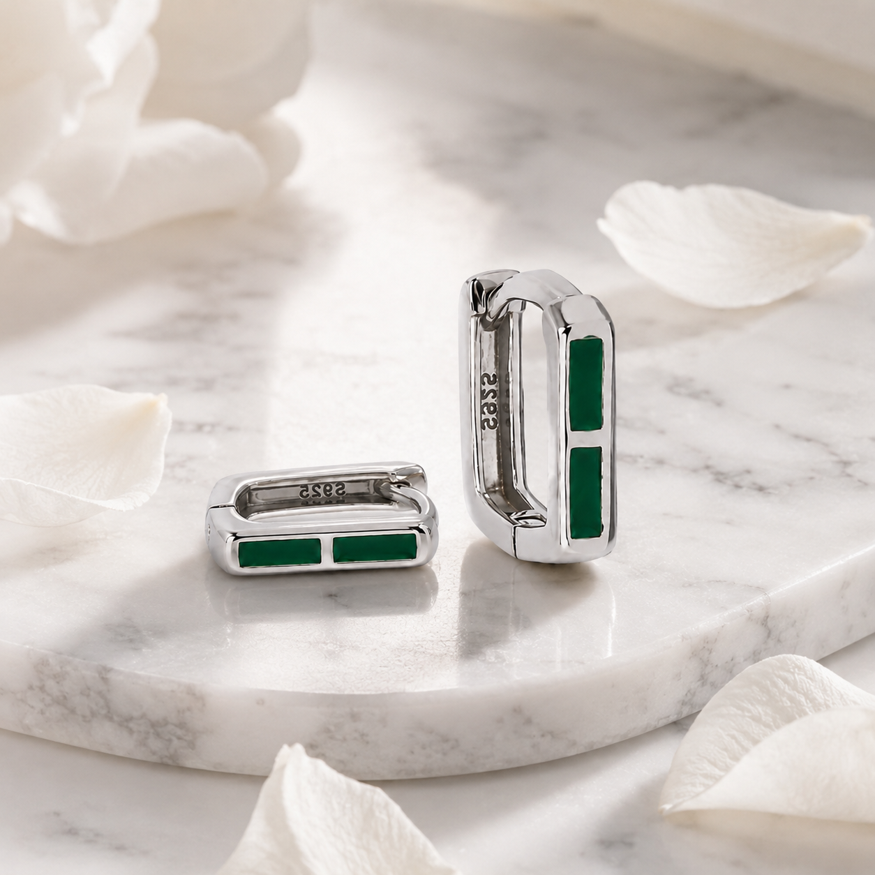 Silver Green Enamel Rectangular Huggie Earrings_03