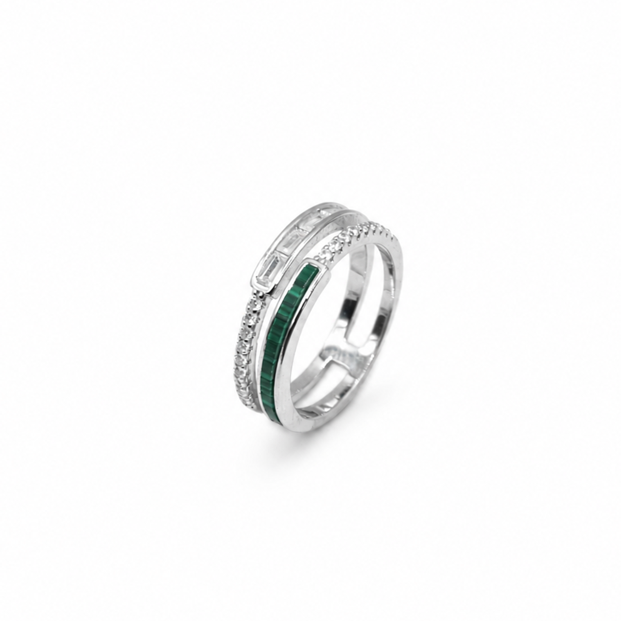 Silver Green Enamel Triple Band Ring