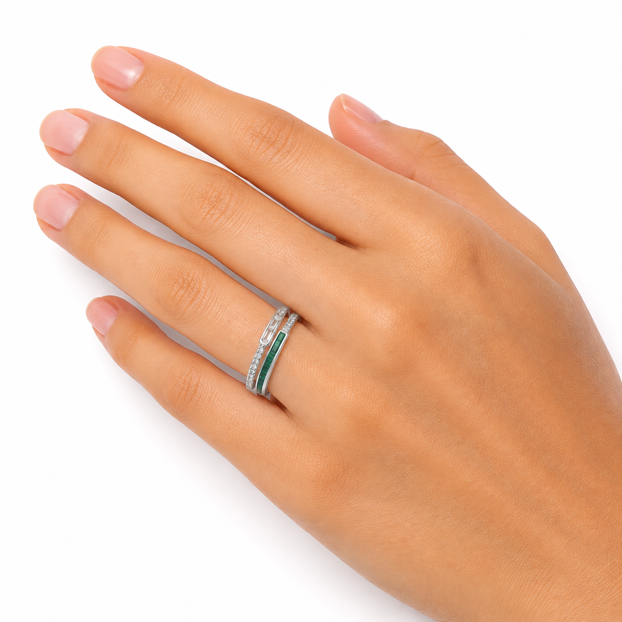 Silver Green Enamel Triple Band Ring