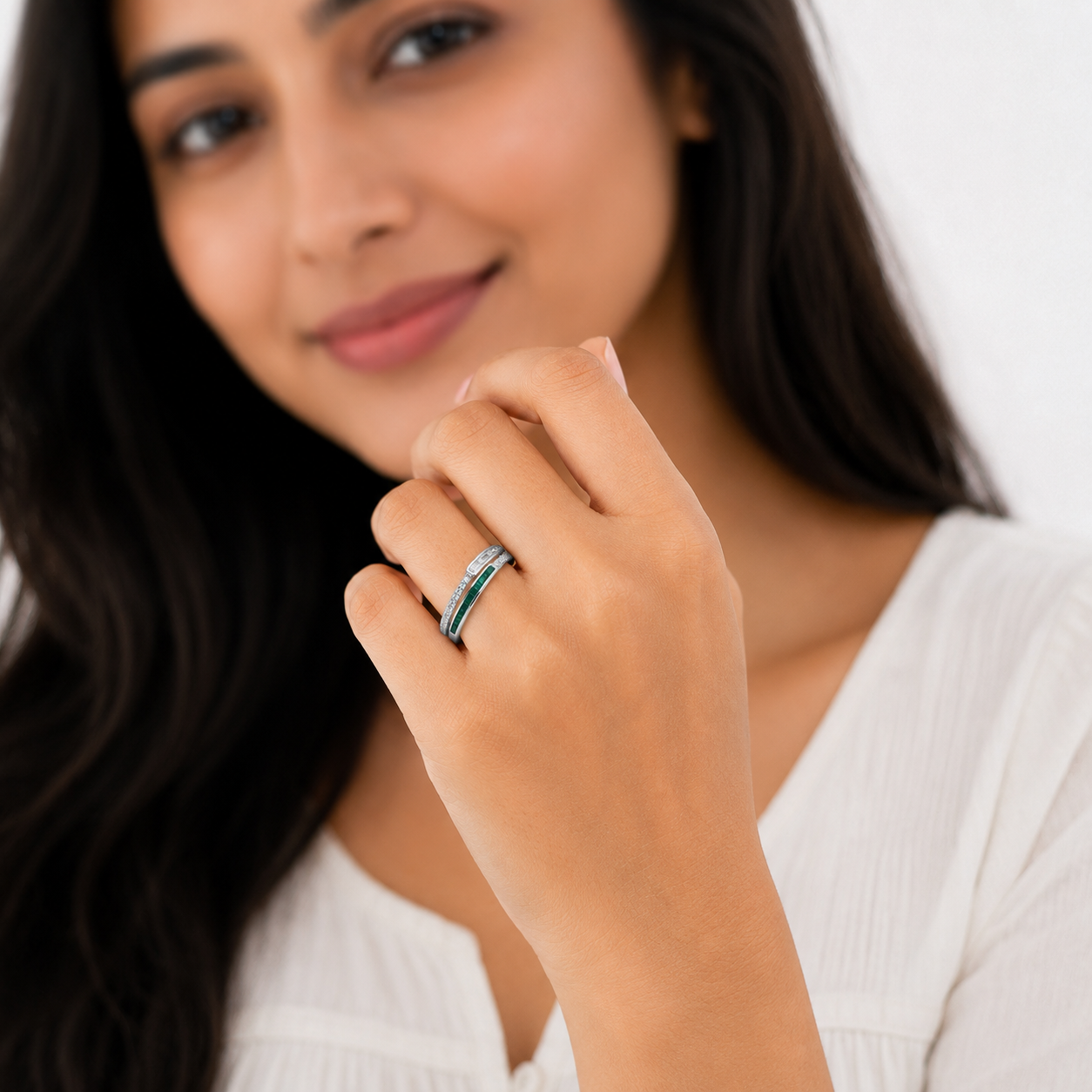 Silver Green Enamel Triple Band Ring