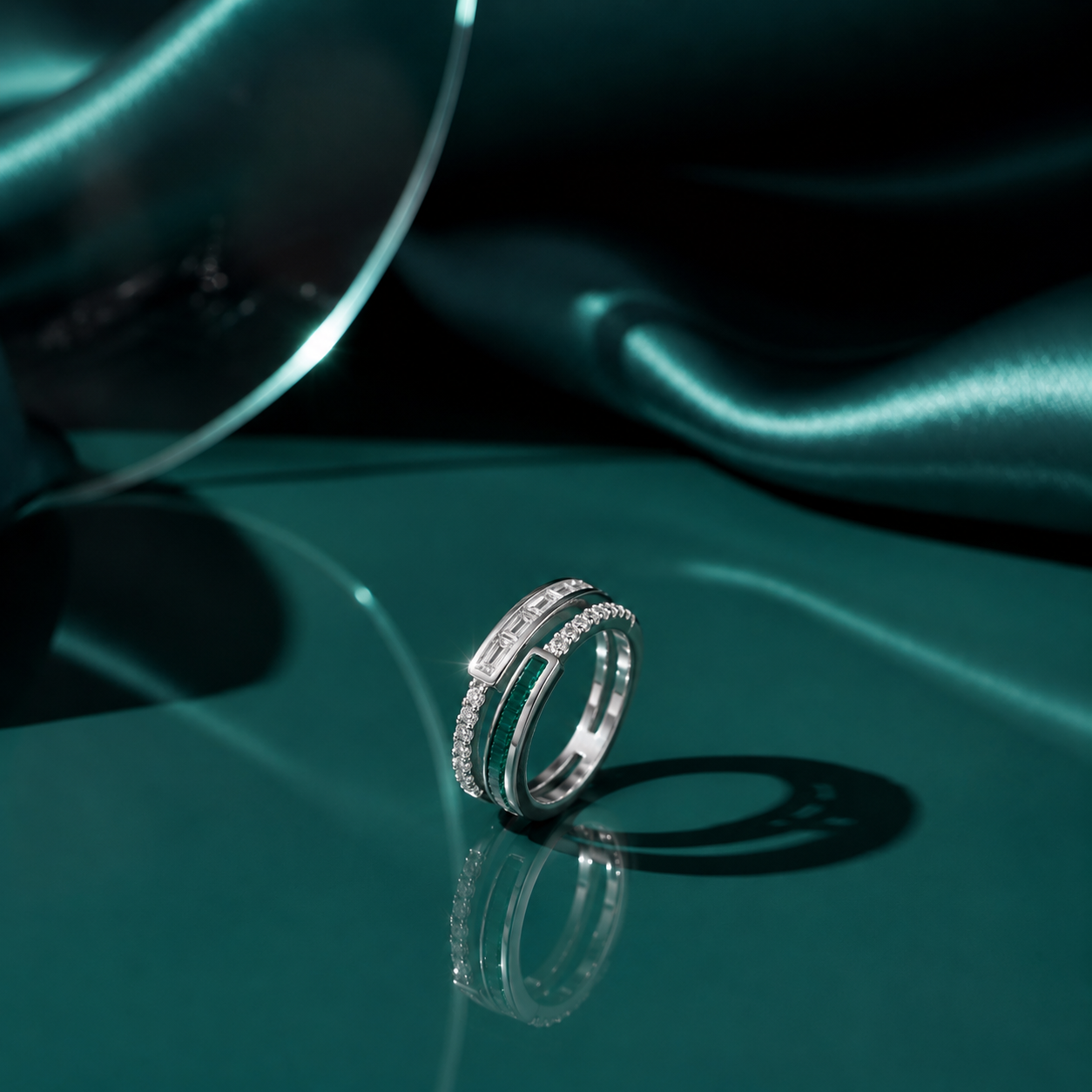 Silver Green Enamel Triple Band Ring