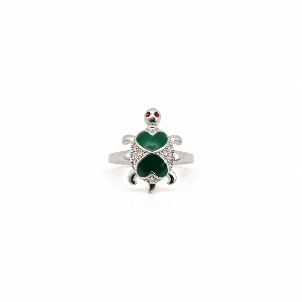 Silver Green Enamel Turtle Ring