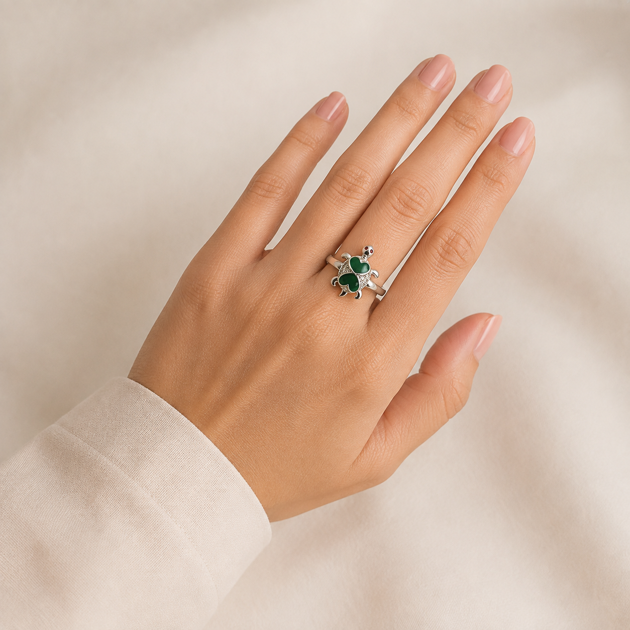 Silver Green Enamel Turtle Ring