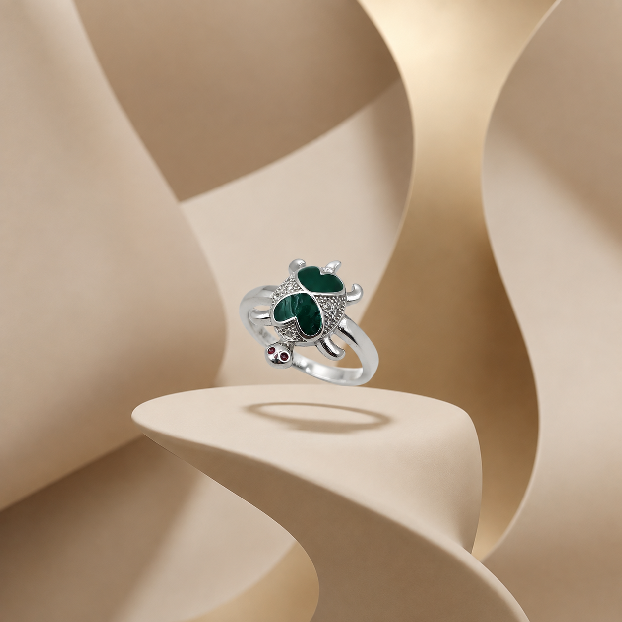 Silver Green Enamel Turtle Ring