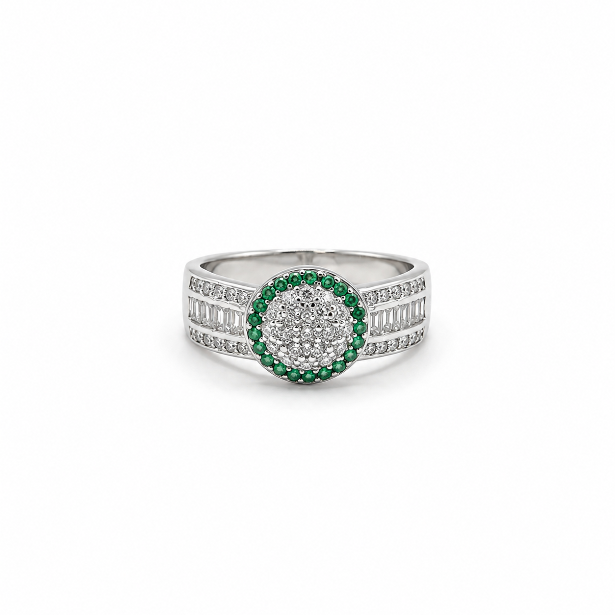 Silver Green Halo Pave Cluster Triple Row Ring