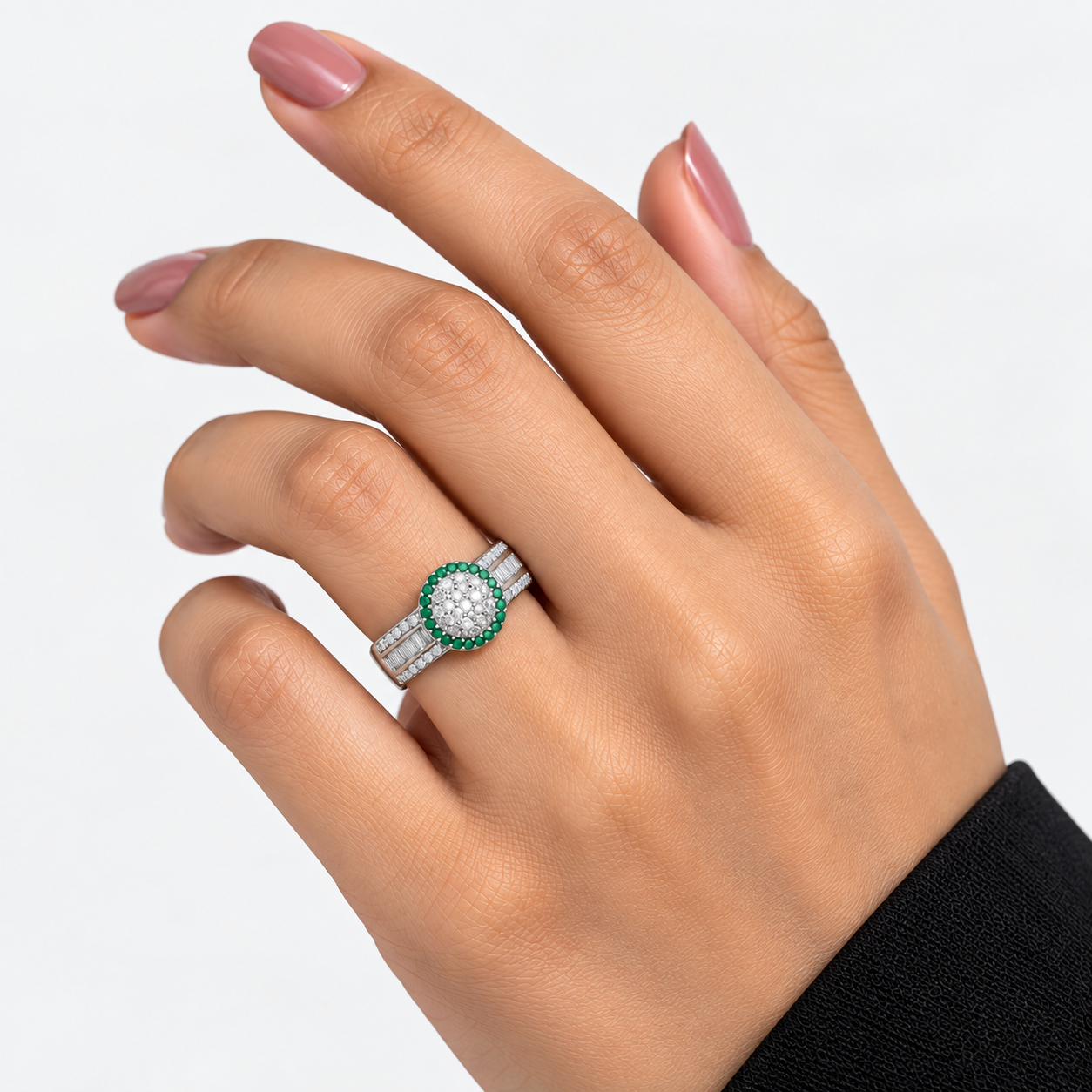 Silver Green Halo Pave Cluster Triple Row Ring