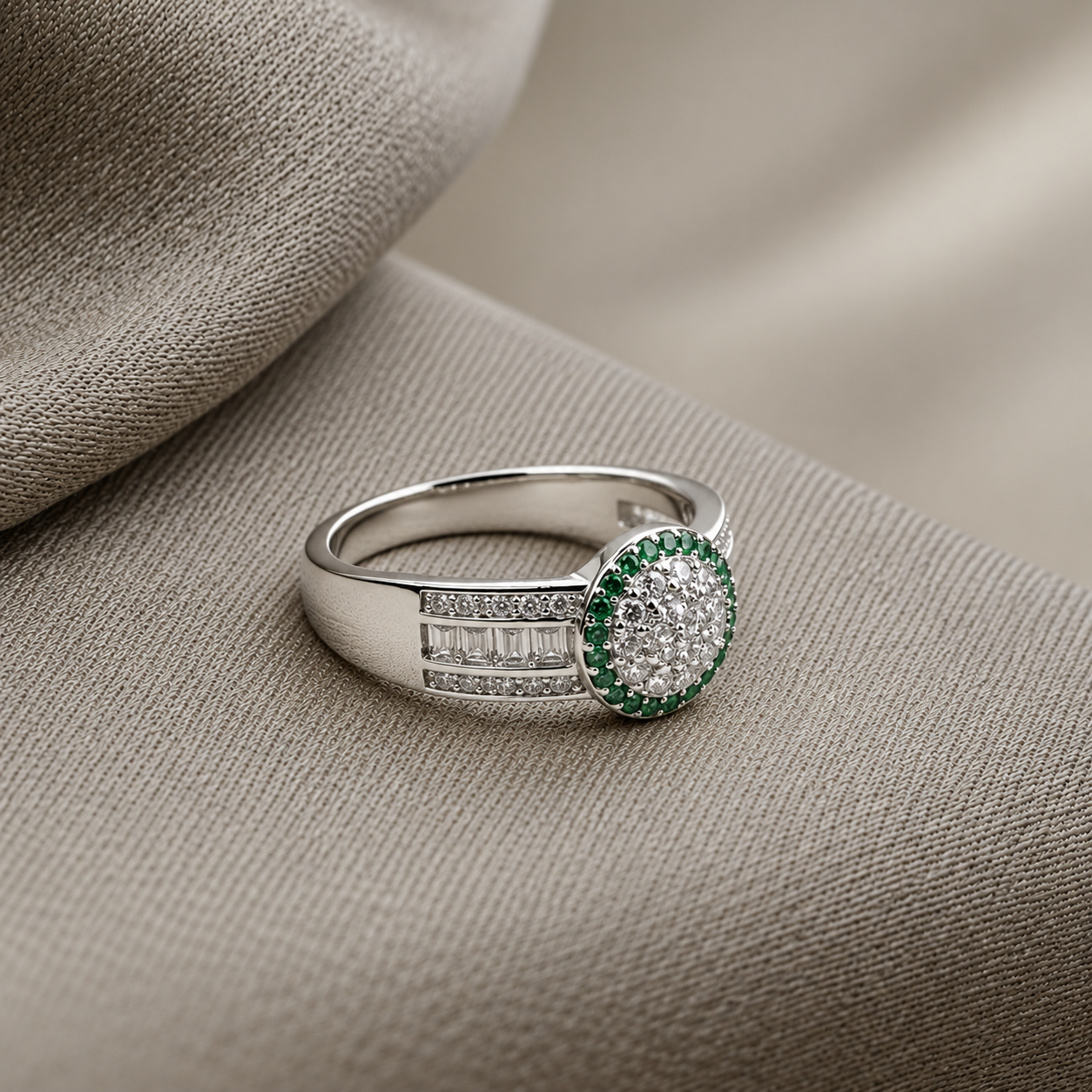 Silver Green Halo Pave Cluster Triple Row Ring
