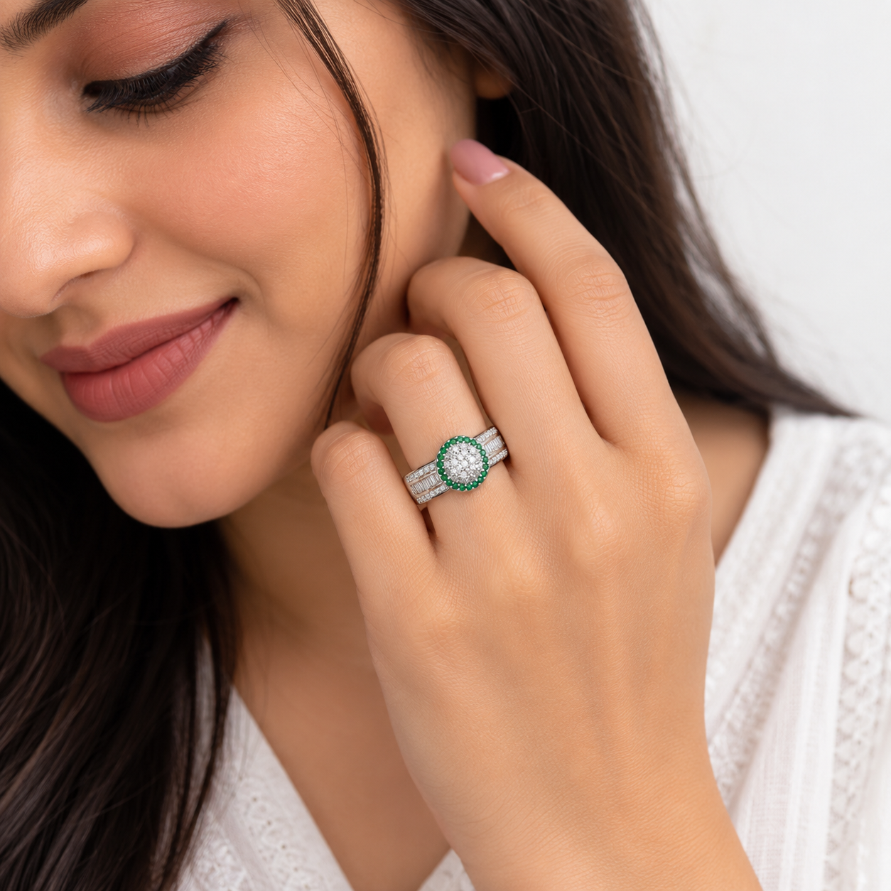 Silver Green Halo Pave Cluster Triple Row Ring