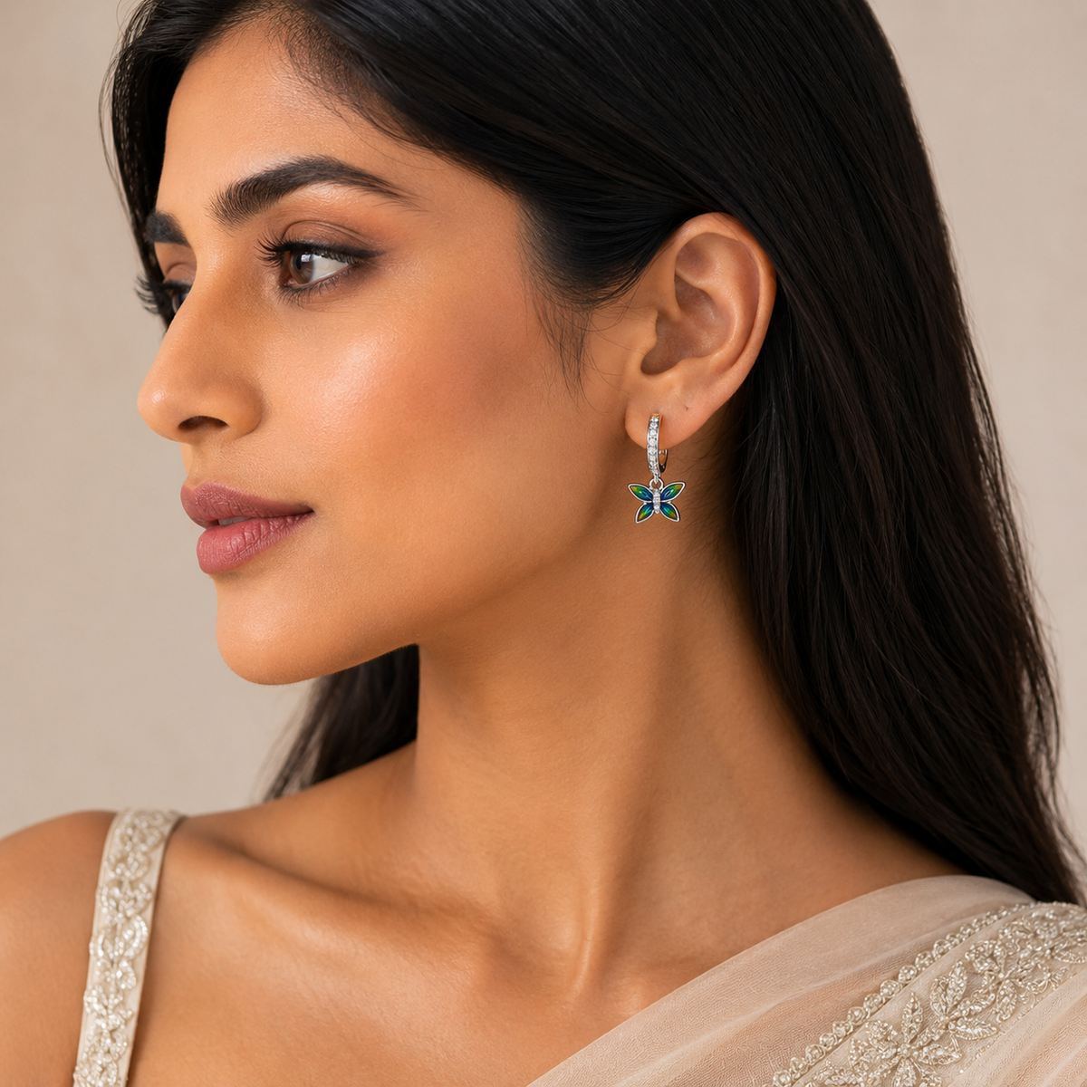 Silver Green Heart Circle Drop Earrings