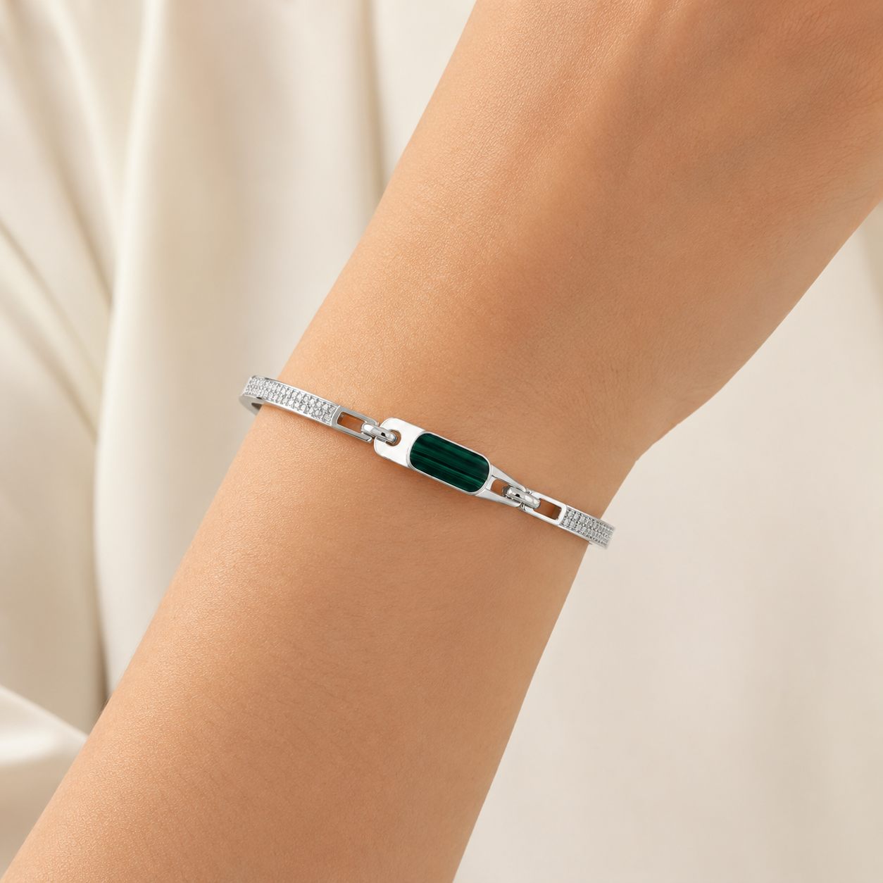 Silver Green Malachite Link Cuff Bracelet