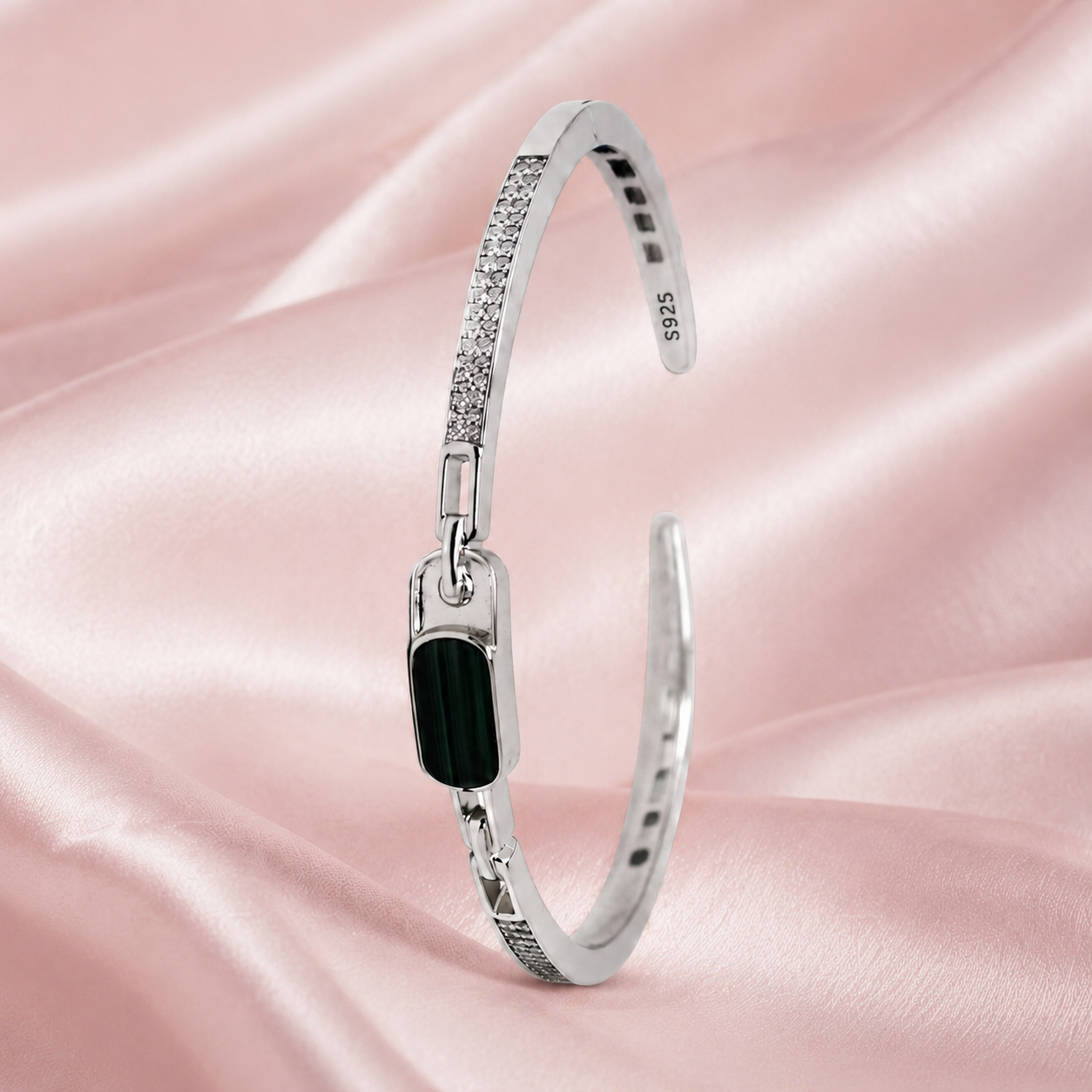 Silver Green Malachite Link Cuff Bracelet