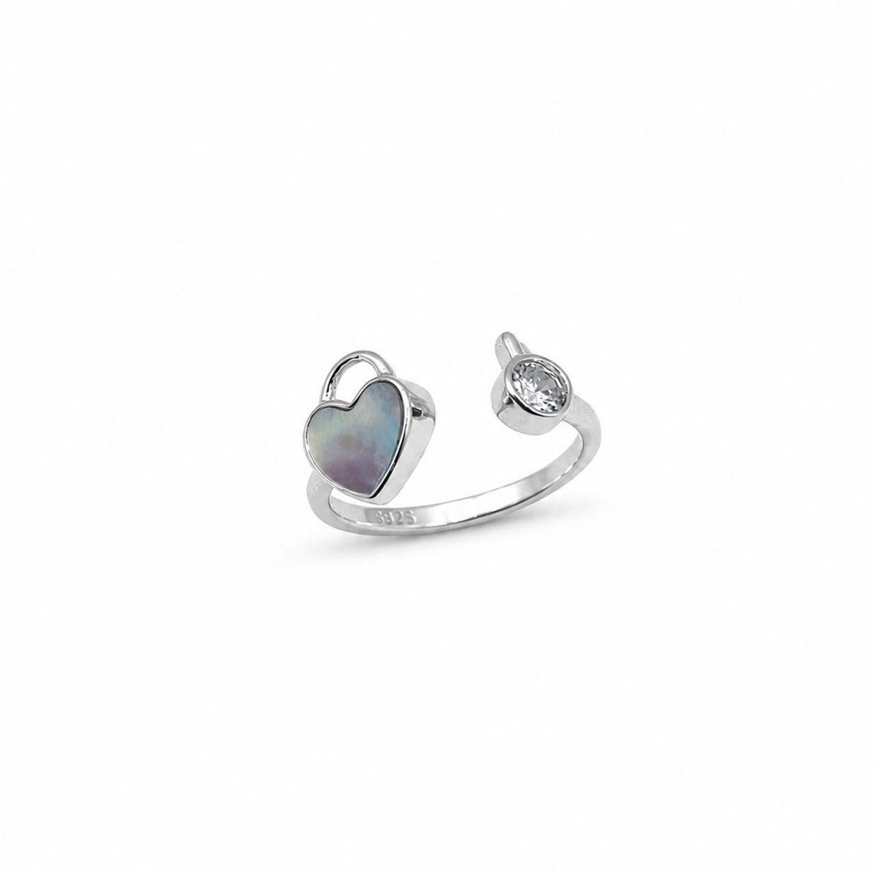 Silver Grey Mother of Pearl Heart Open Ring