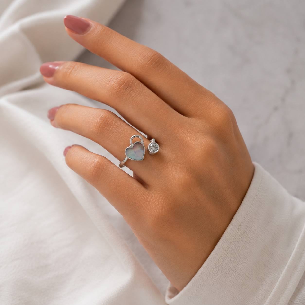 Silver Grey Mother of Pearl Heart Open Ring