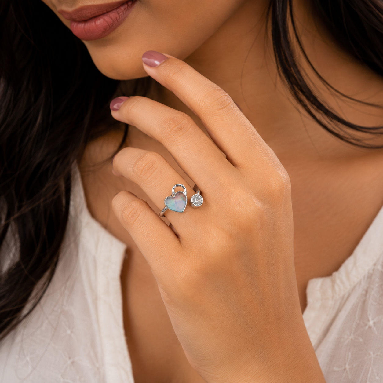 Silver Grey Mother of Pearl Heart Open Ring