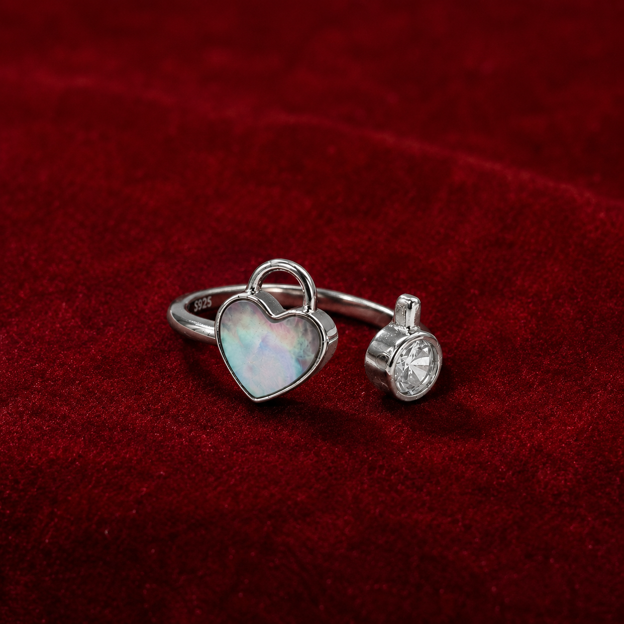 Silver Grey Mother of Pearl Heart Open Ring