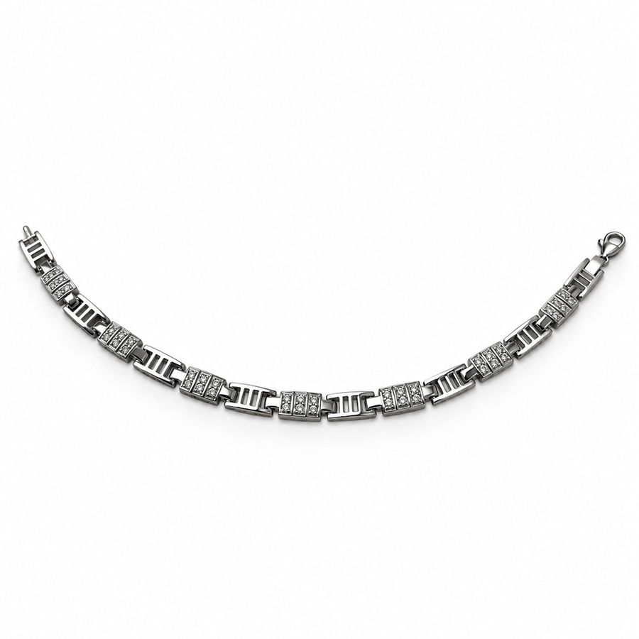 Silver Grooved Bar Pave Link Mens Bracelet