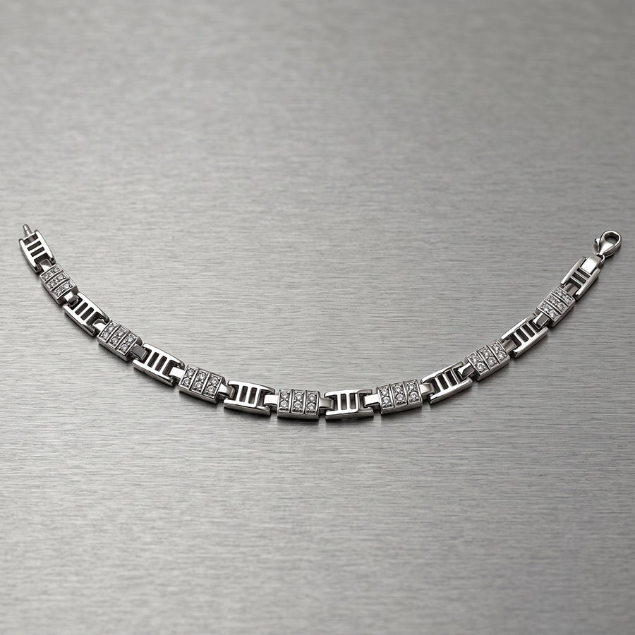 Silver Grooved Bar Pave Link Mens Bracelet