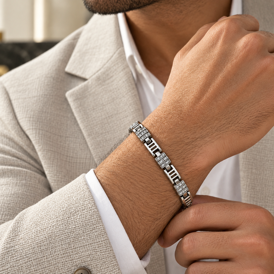 Silver Grooved Bar Pave Link Mens Bracelet