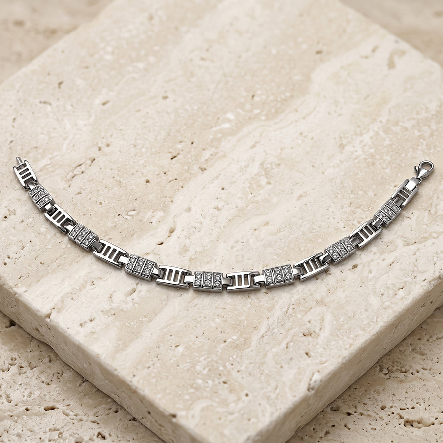 Silver Grooved Bar Pave Link Mens Bracelet