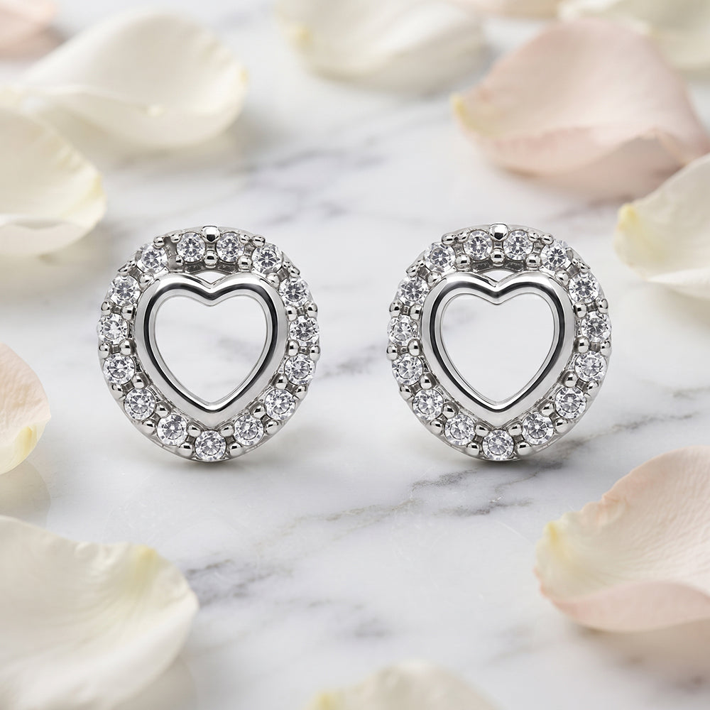 Silver Heart Cutout Round Halo Stud Earrings