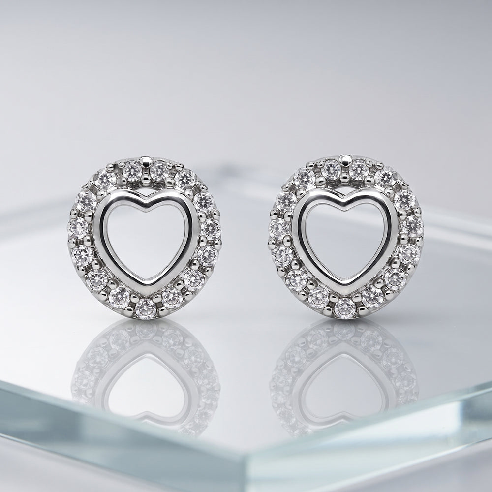 Silver Heart Cutout Round Halo Stud Earrings
