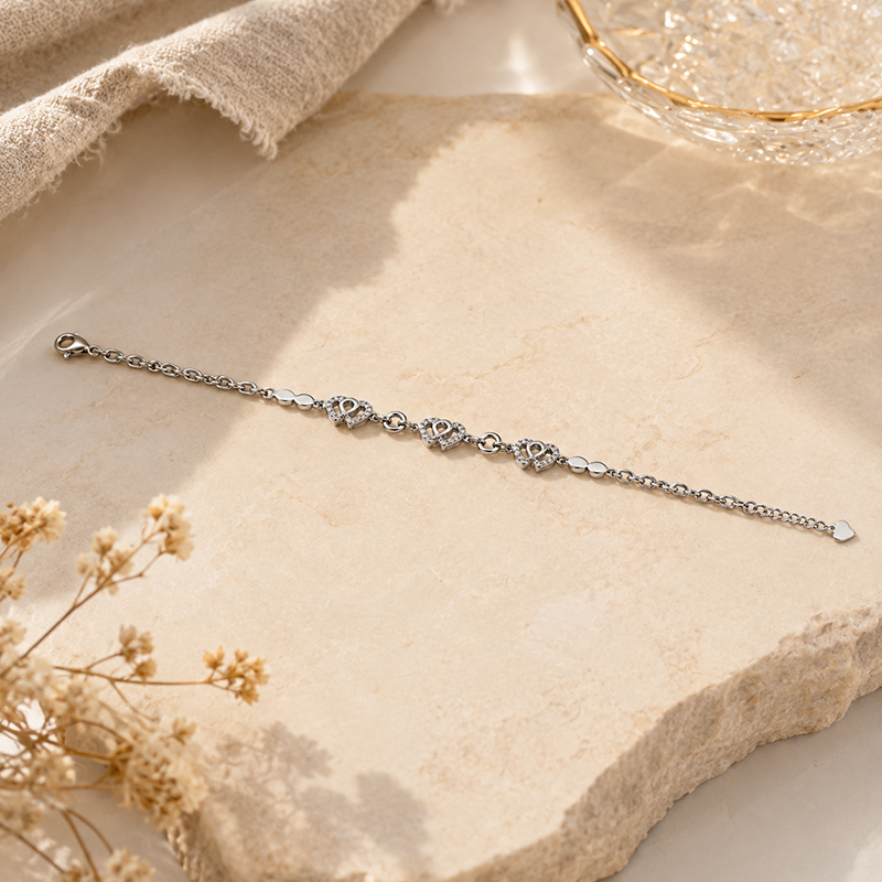 Silver Heart Station Chain Bracelet