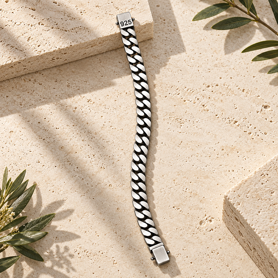 Silver Heavy Flat Cuban Link Mens Bracelet
