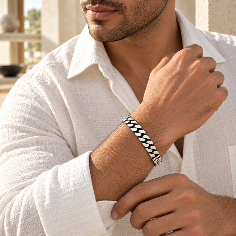 Silver Heavy Flat Cuban Link Mens Bracelet