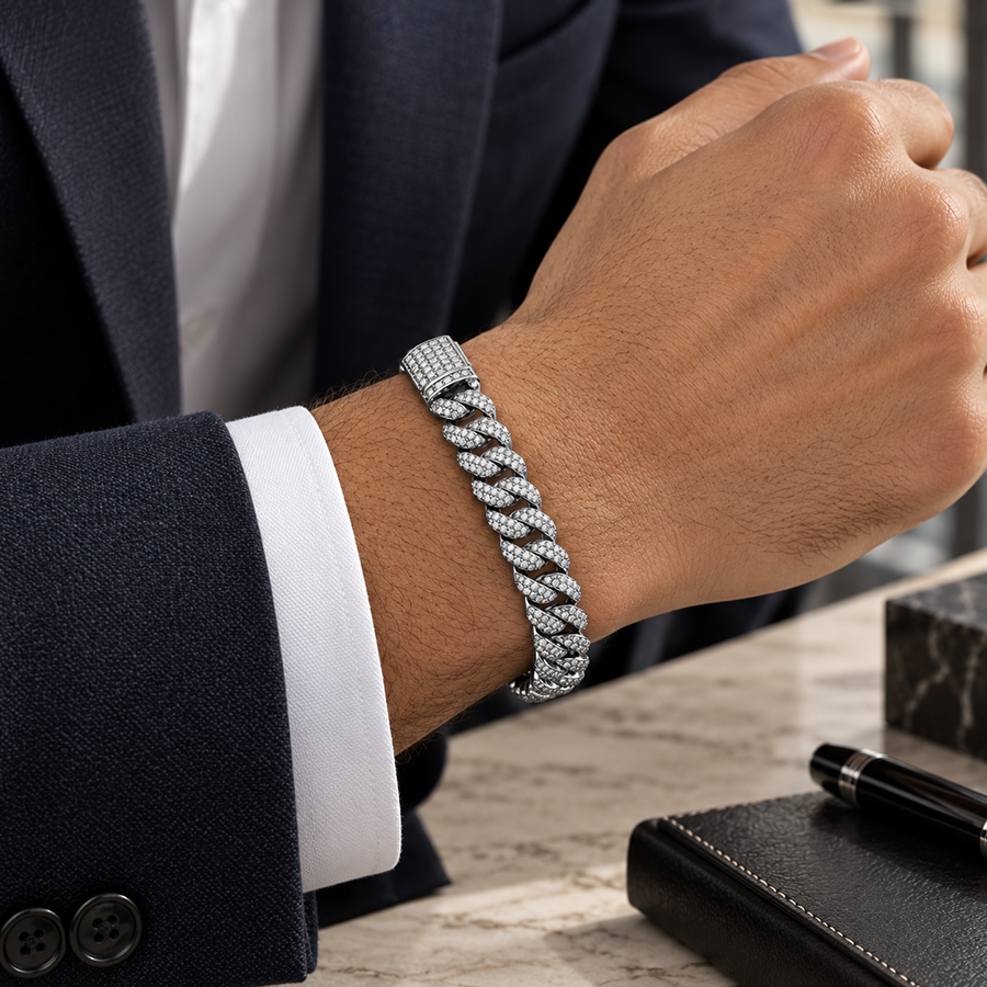 Silver Iced Pave Cuban Link Mens Bracelet
