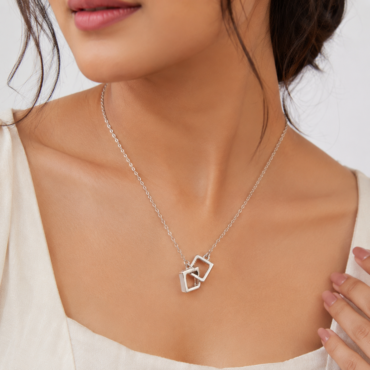 Silver Interlocking Double Square Necklace