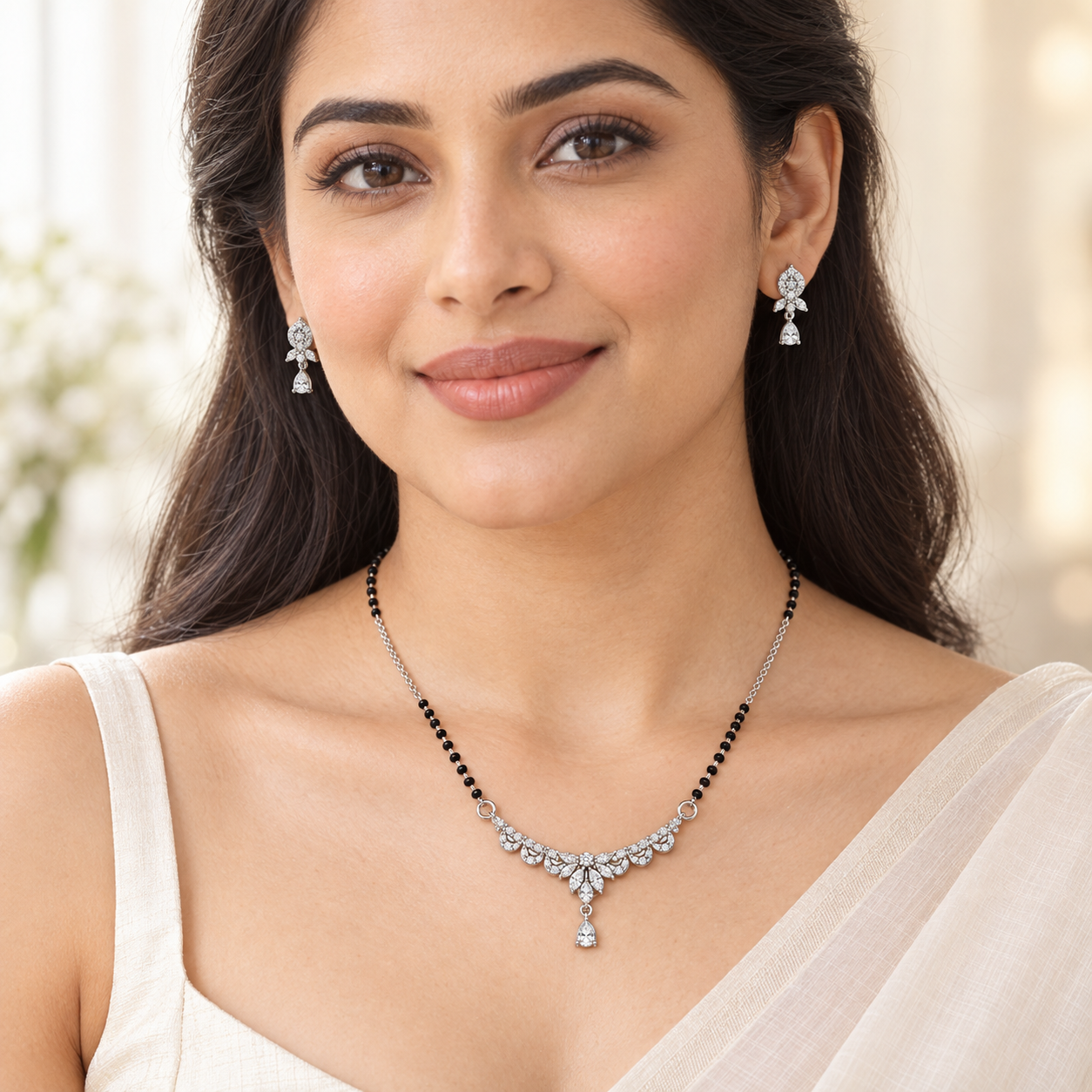 Silver Leaf Garland Pear Drop Mangalsutra Set