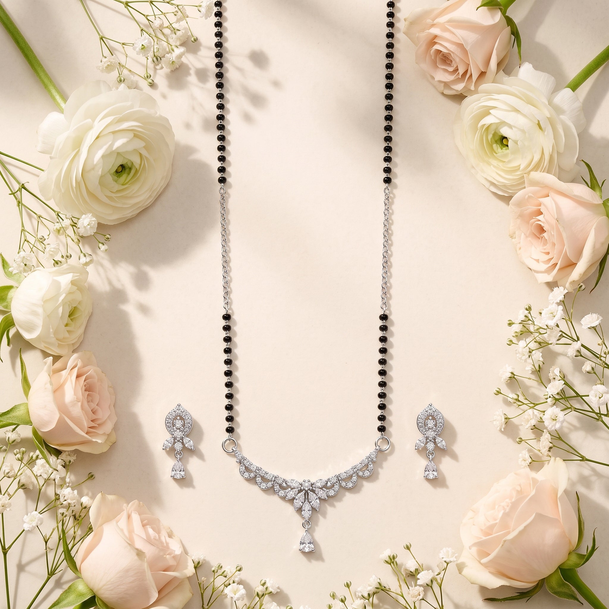 Silver Leaf Garland Pear Drop Mangalsutra Set