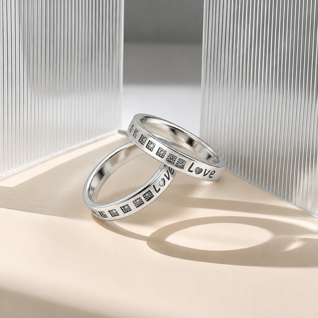 Silver Love Heart Engraved Couple Band Ring