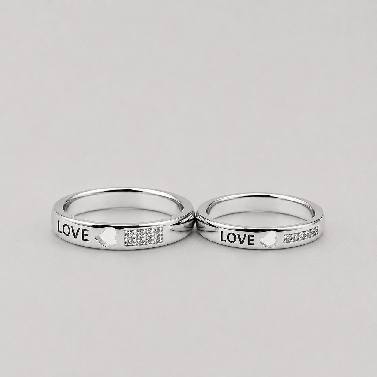 Silver Love Heart Pave Block Couple Band Ring