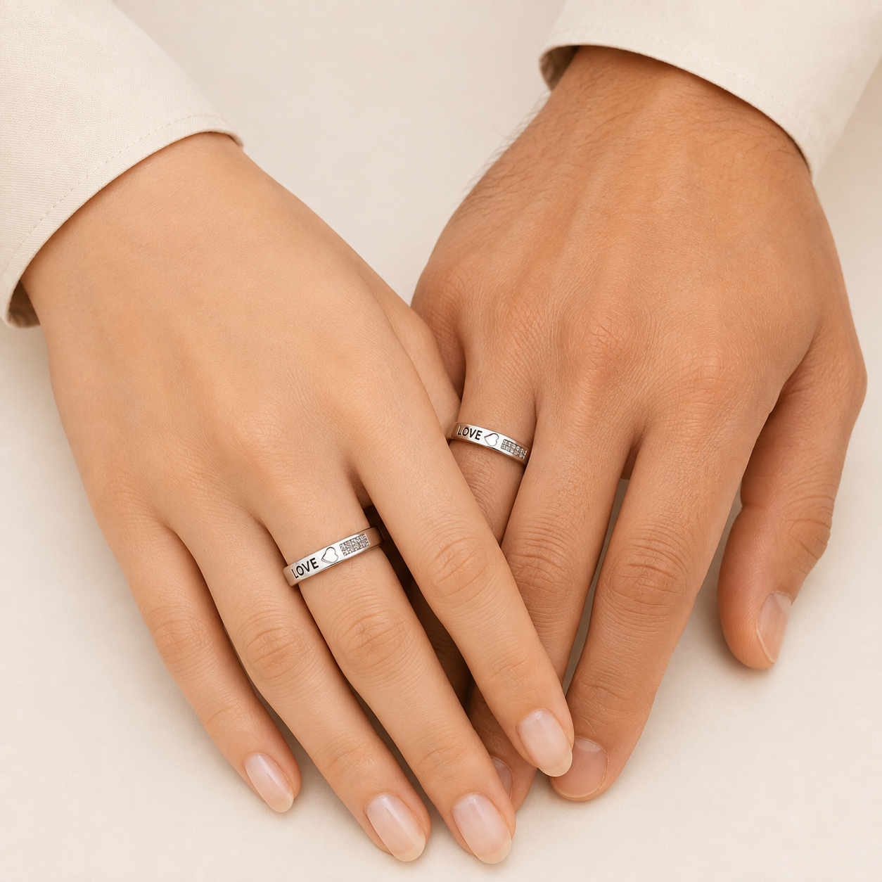 Silver Love Heart Pave Block Couple Band Ring