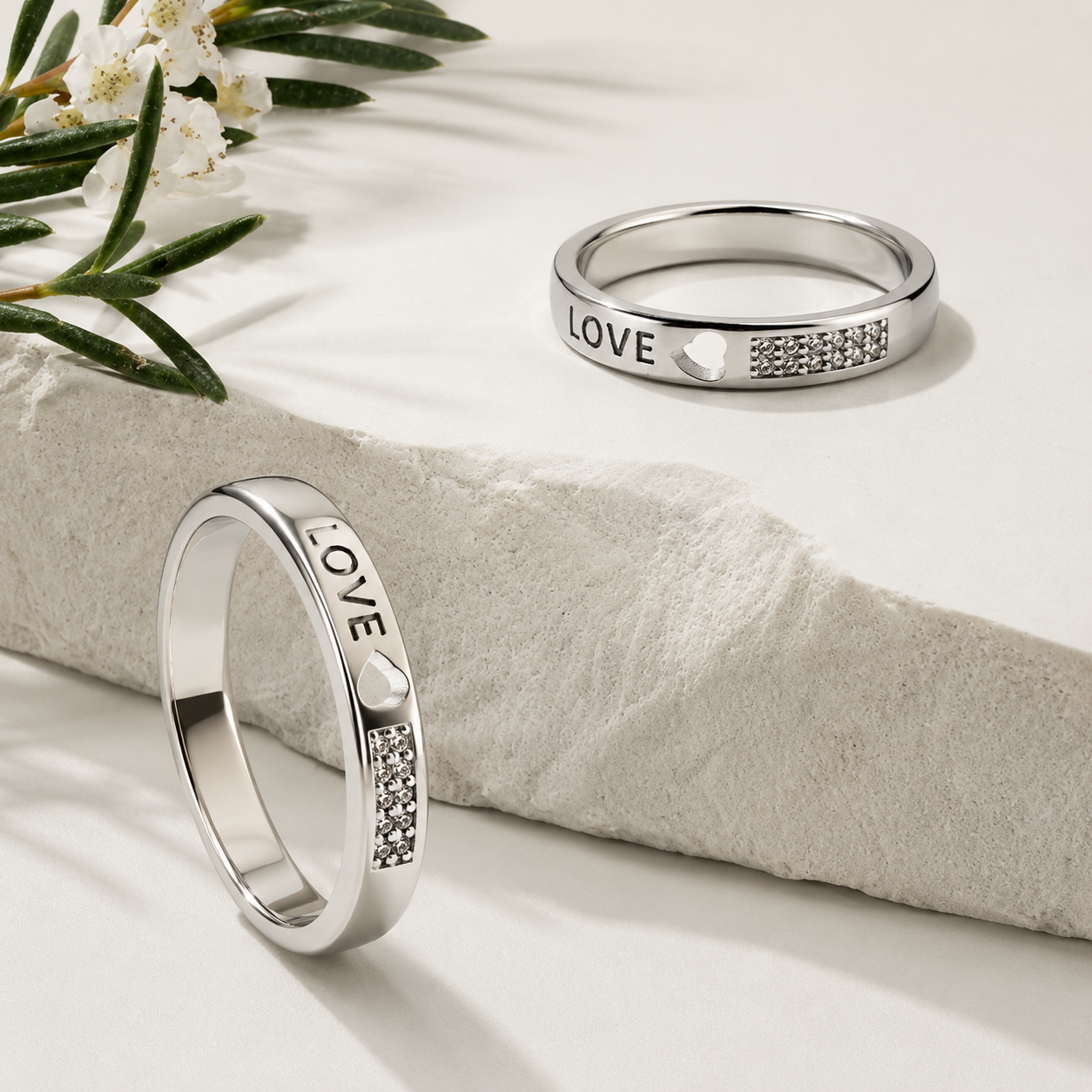 Silver Love Heart Pave Block Couple Band Ring