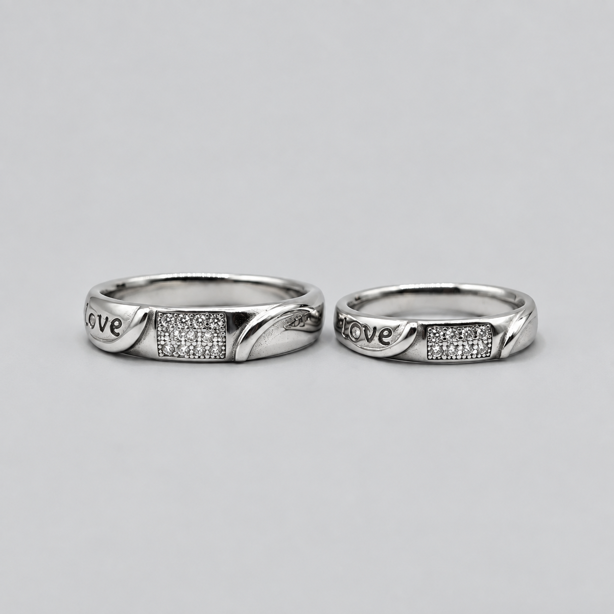 Silver Love Script Pave Panel Couple Band Ring