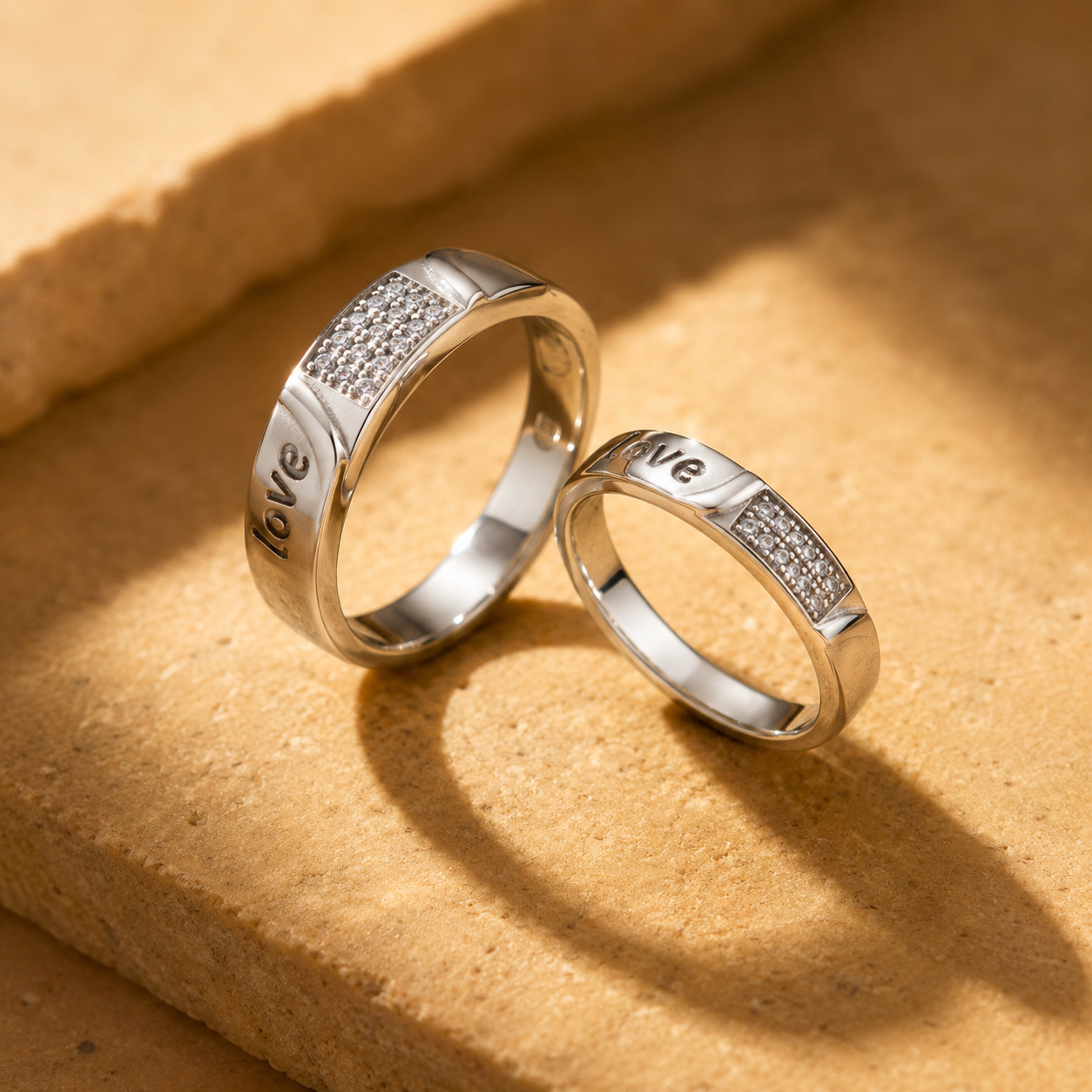 Silver Love Script Pave Panel Couple Band Ring