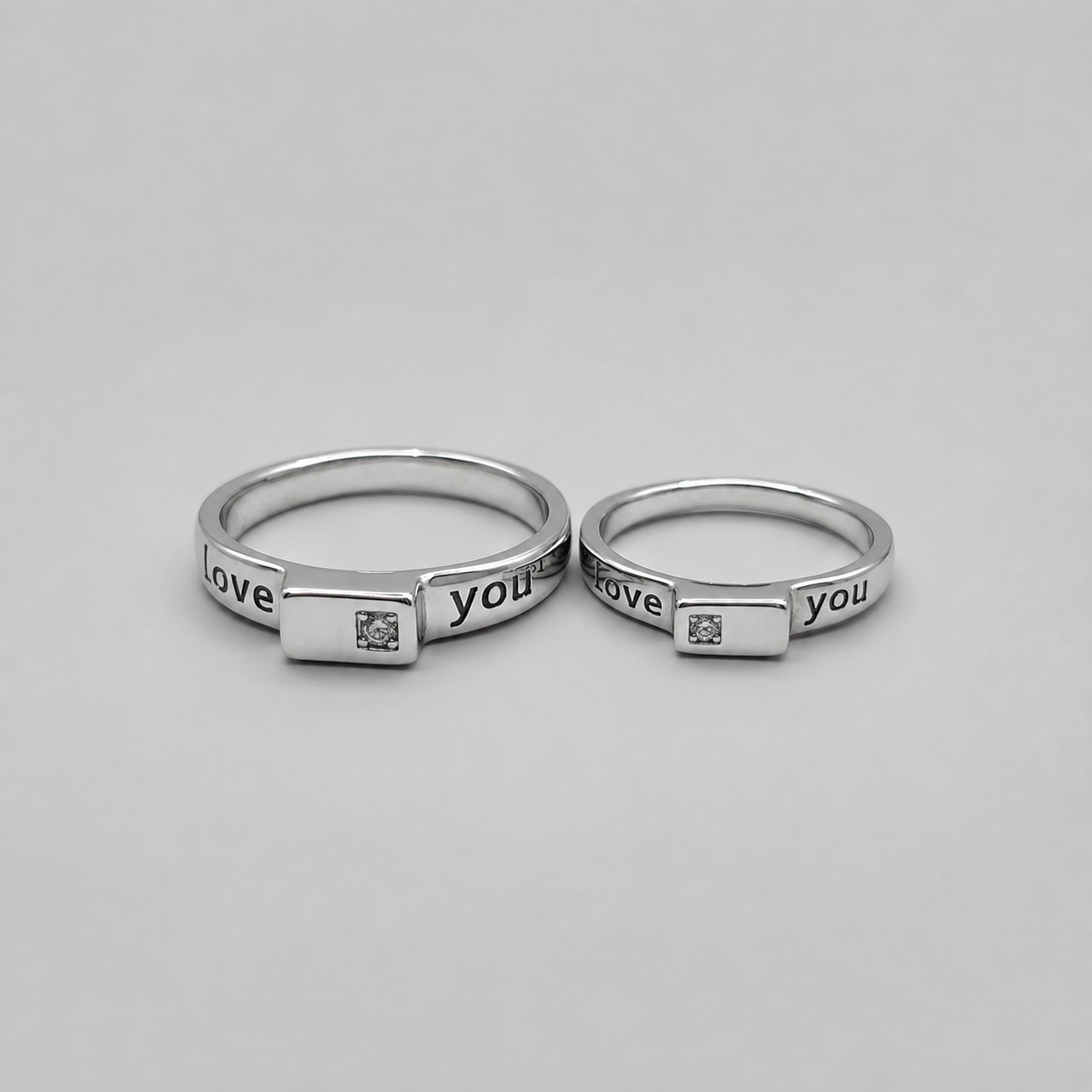 Silver Love You Square CZ Couple Band Ring