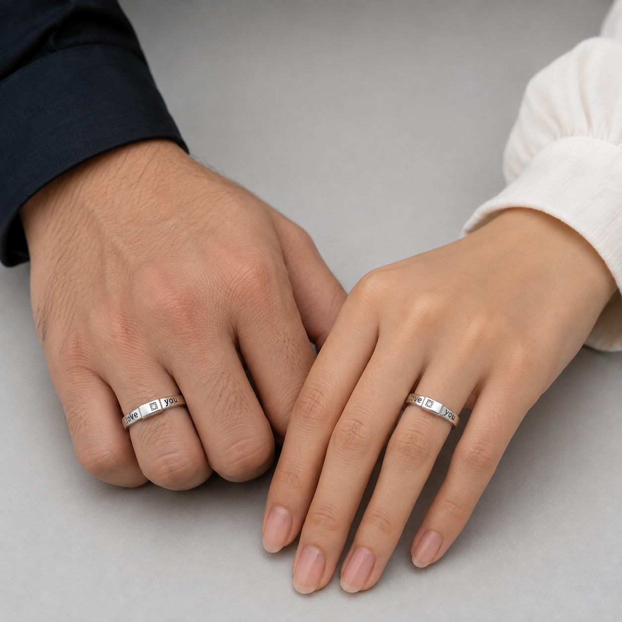 Silver Love You Square CZ Couple Band Ring
