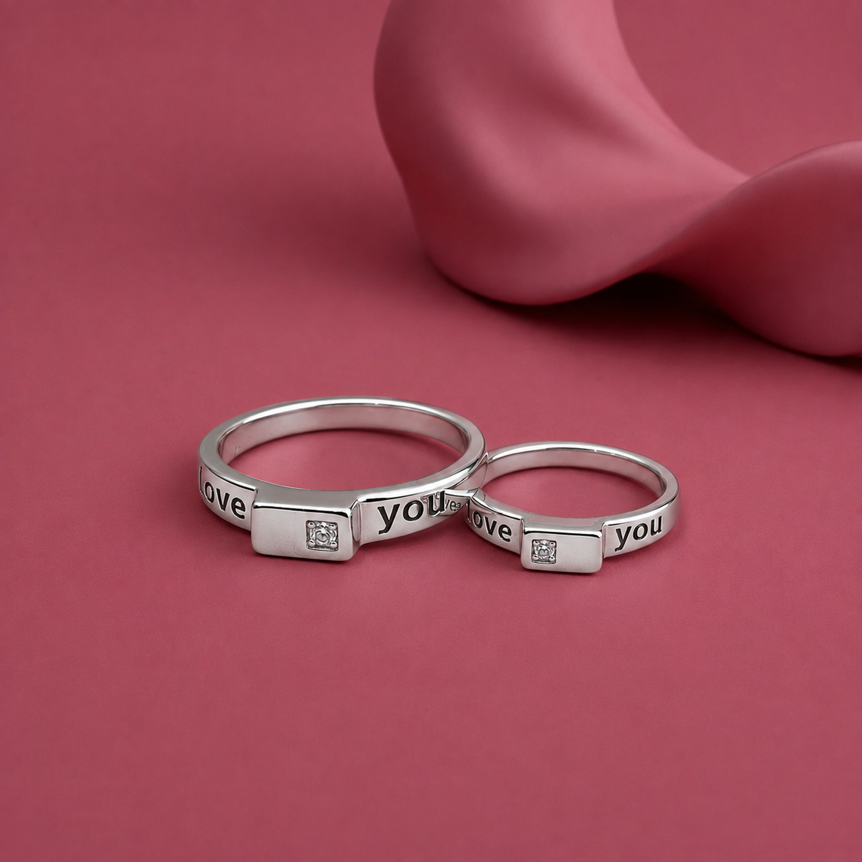 Silver Love You Square CZ Couple Band Ring