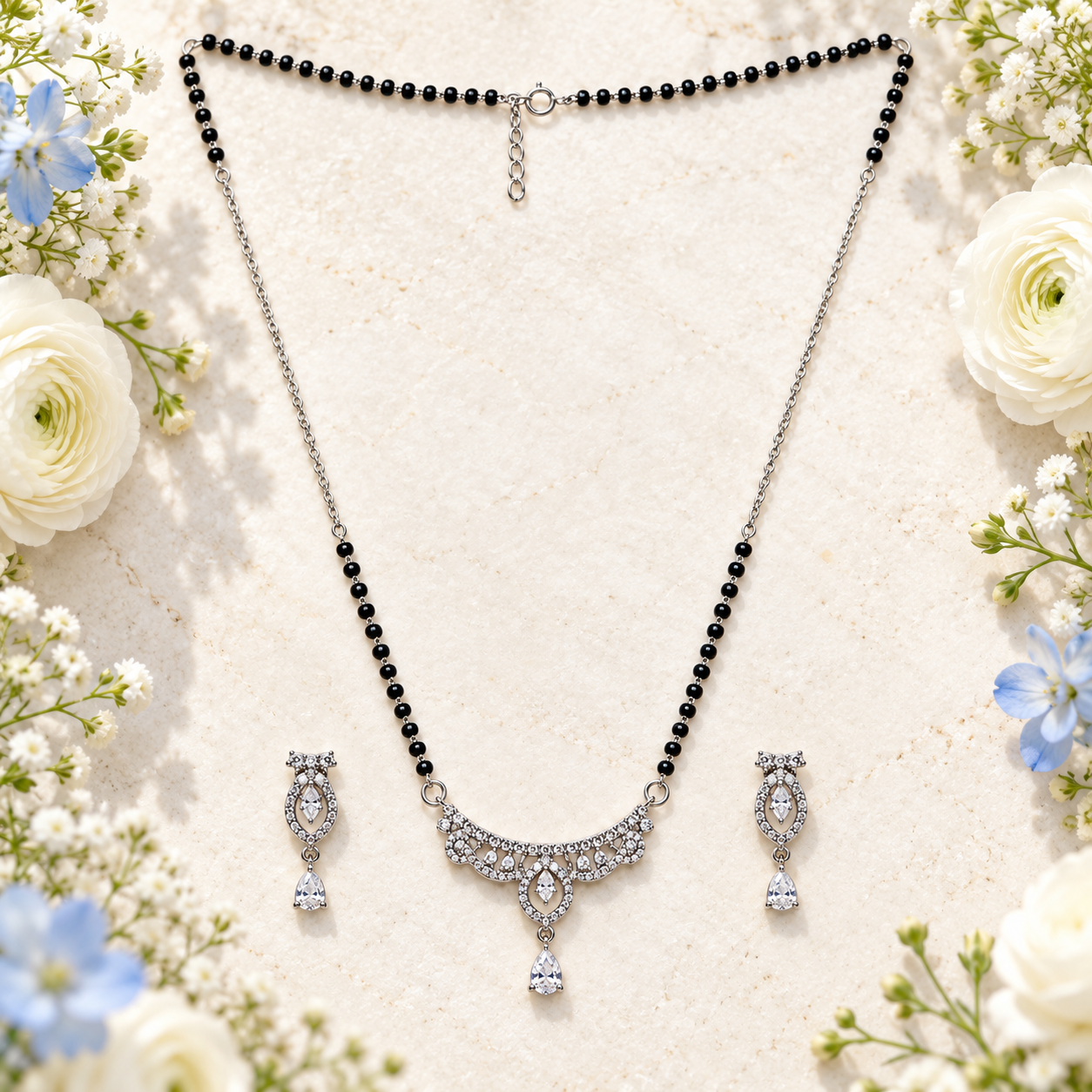 Silver Marquise Arch Pear Drop Mangalsutra Set