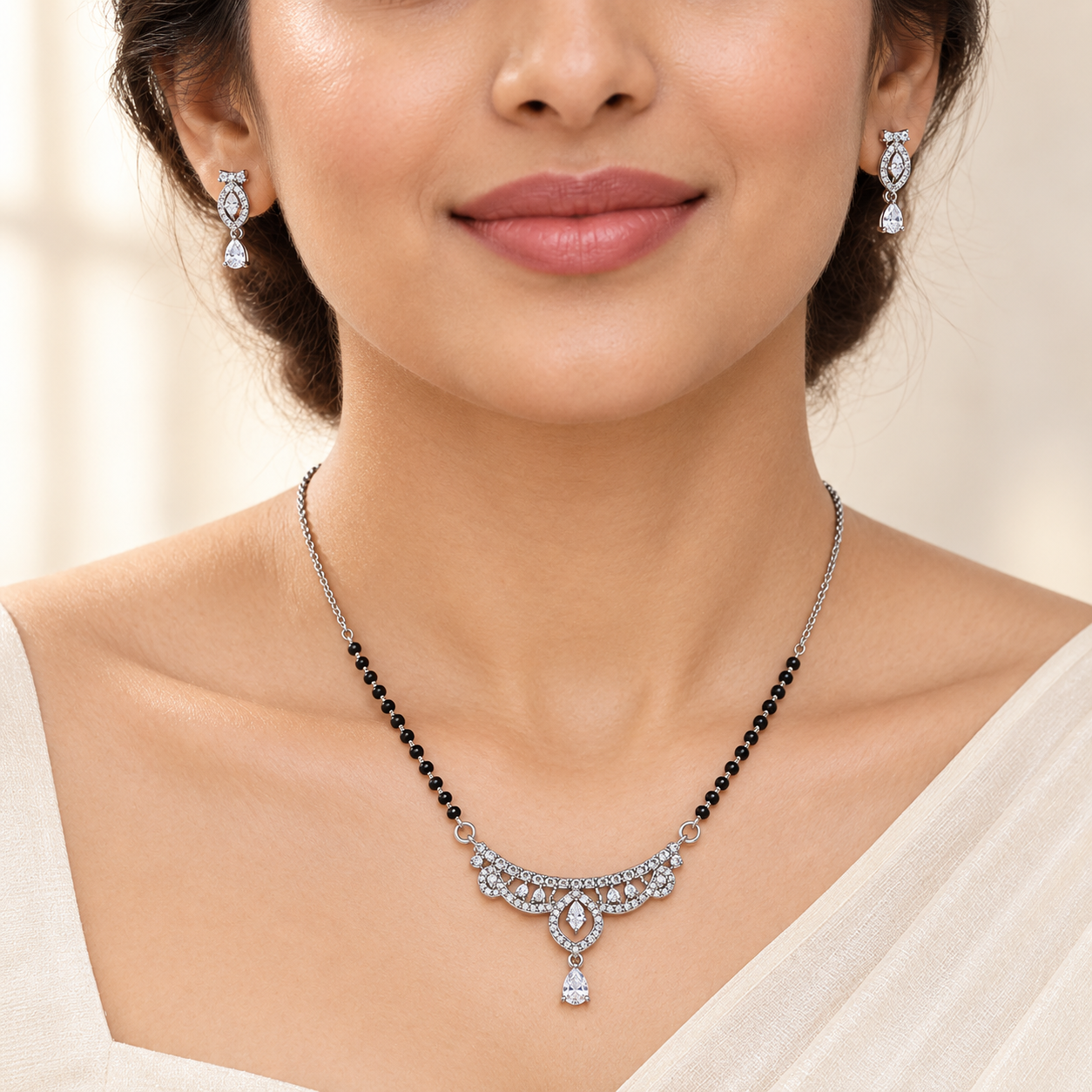 Silver Marquise Arch Pear Drop Mangalsutra Set