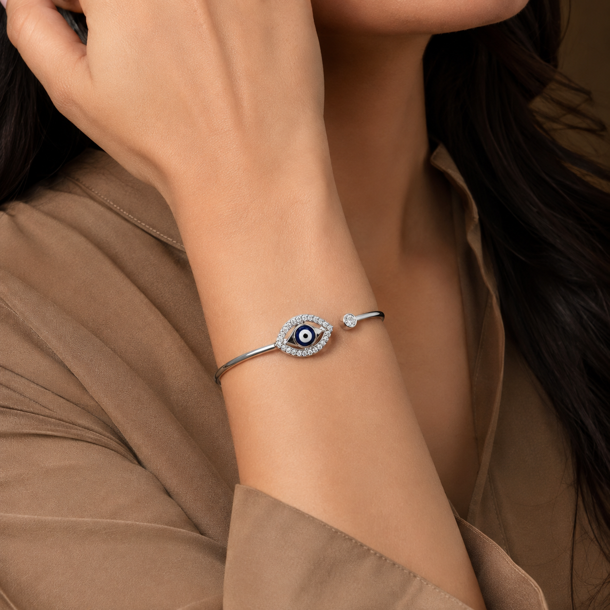 Silver Marquise Evil Eye Open Cuff Bracelet