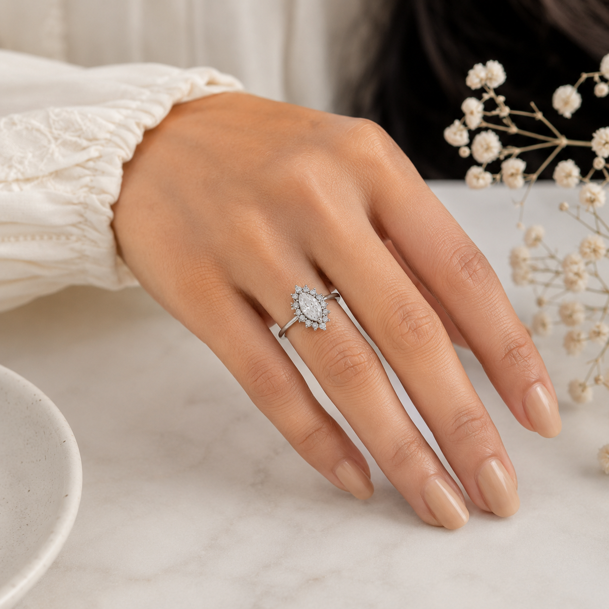 Silver Marquise Halo Solitaire Ring