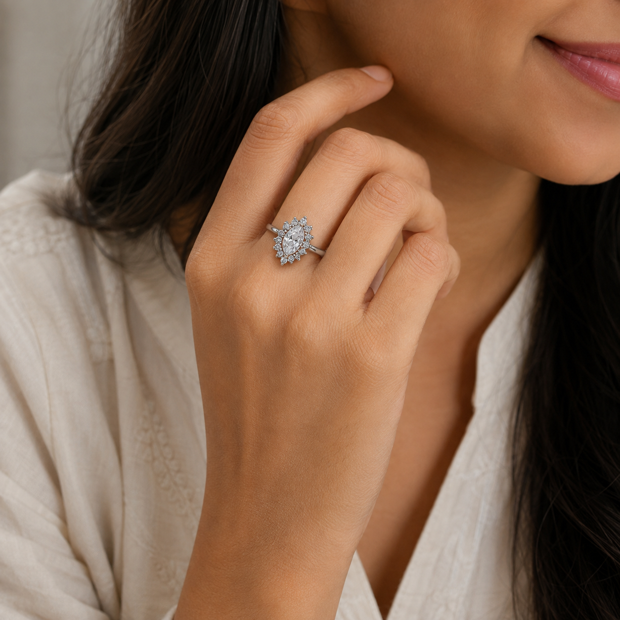 Silver Marquise Halo Solitaire Ring