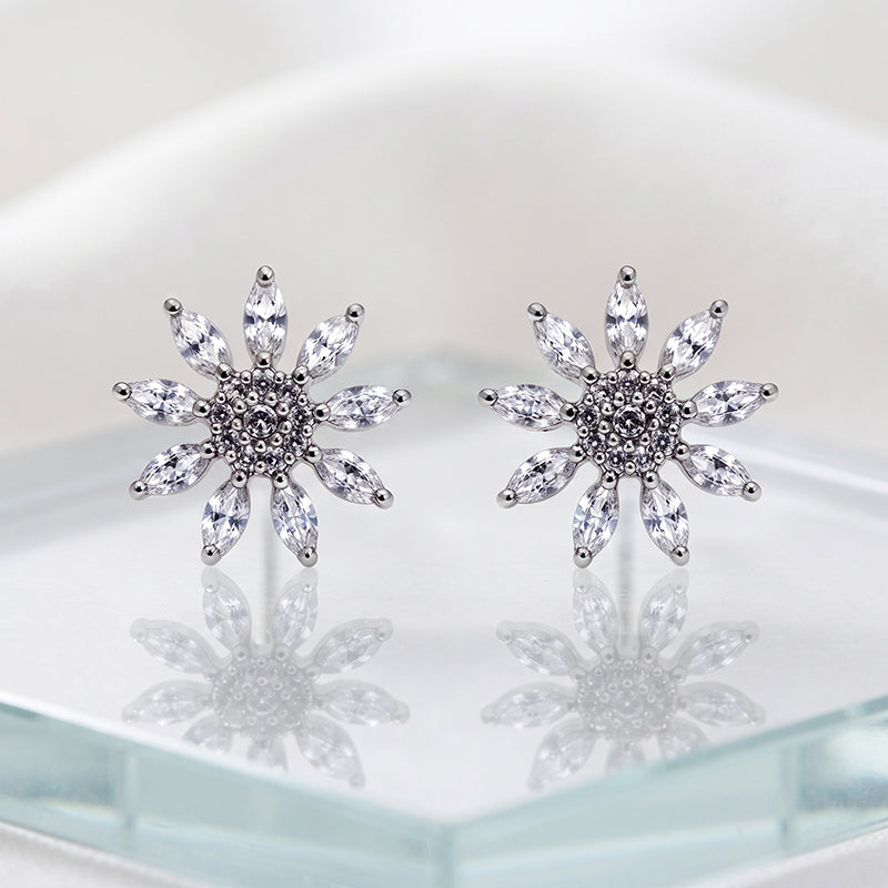 Silver Marquise Petal Pave Centre Flower Stud Earrings