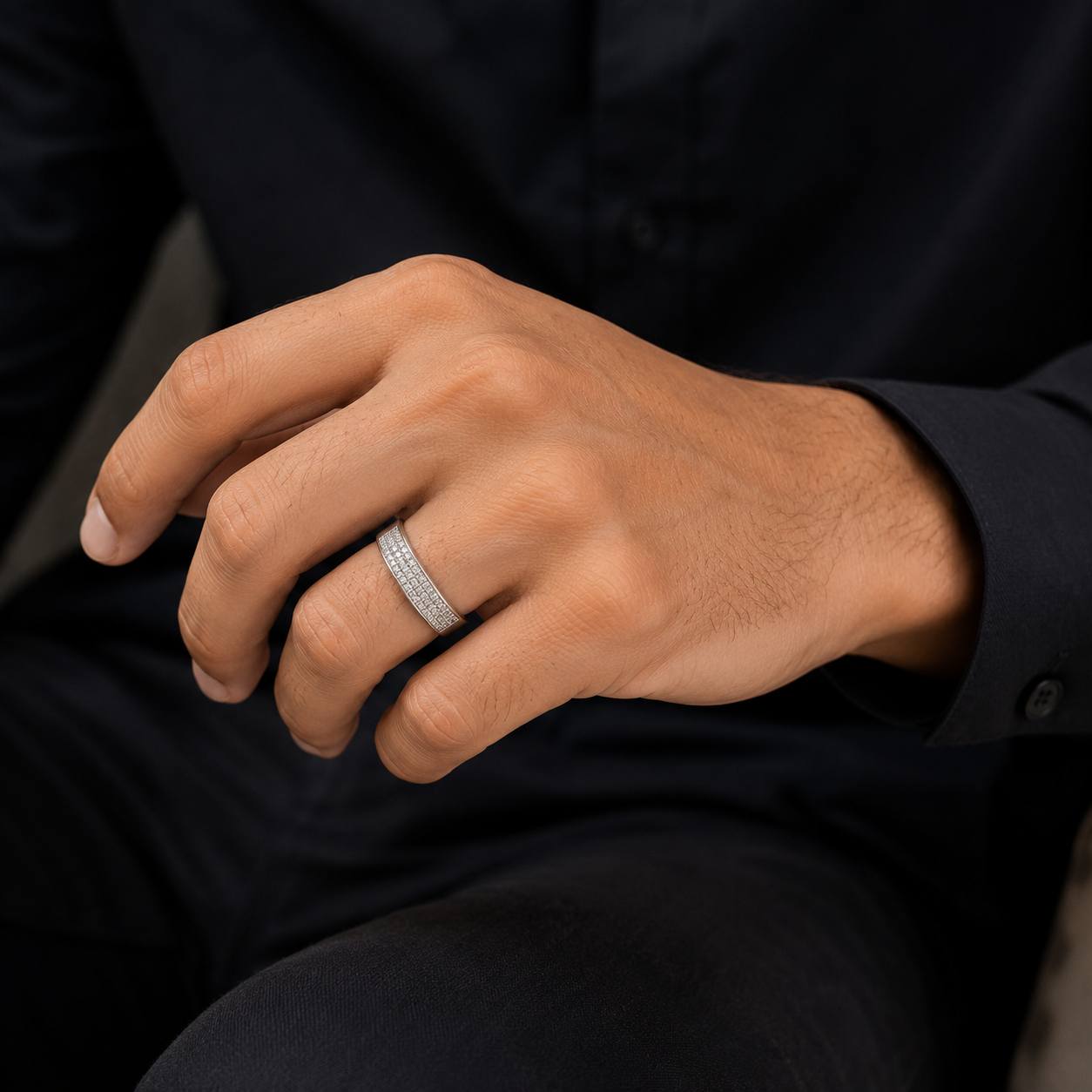 Silver Micro Pave Wide Mens Band Ring